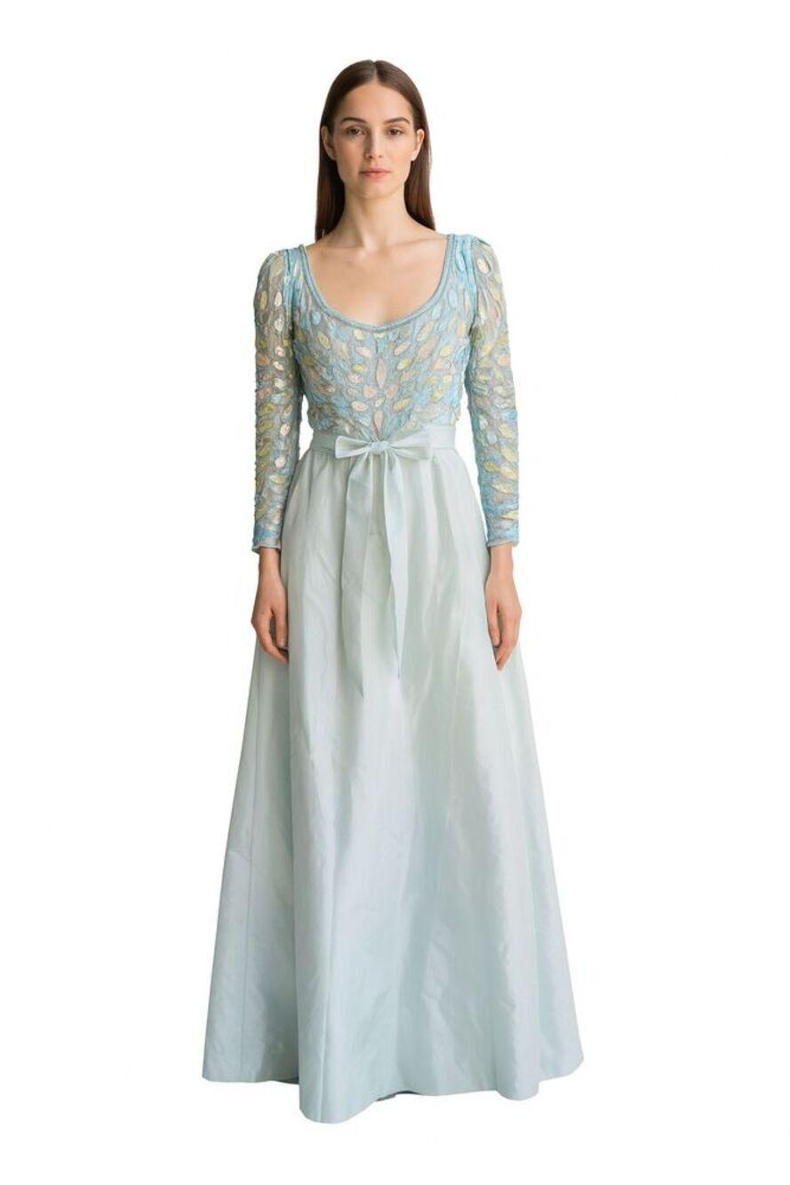 VTG 60s Isabell Gerhart Custom Beaded Silk Formal Gown 14 Blue Glam Evening